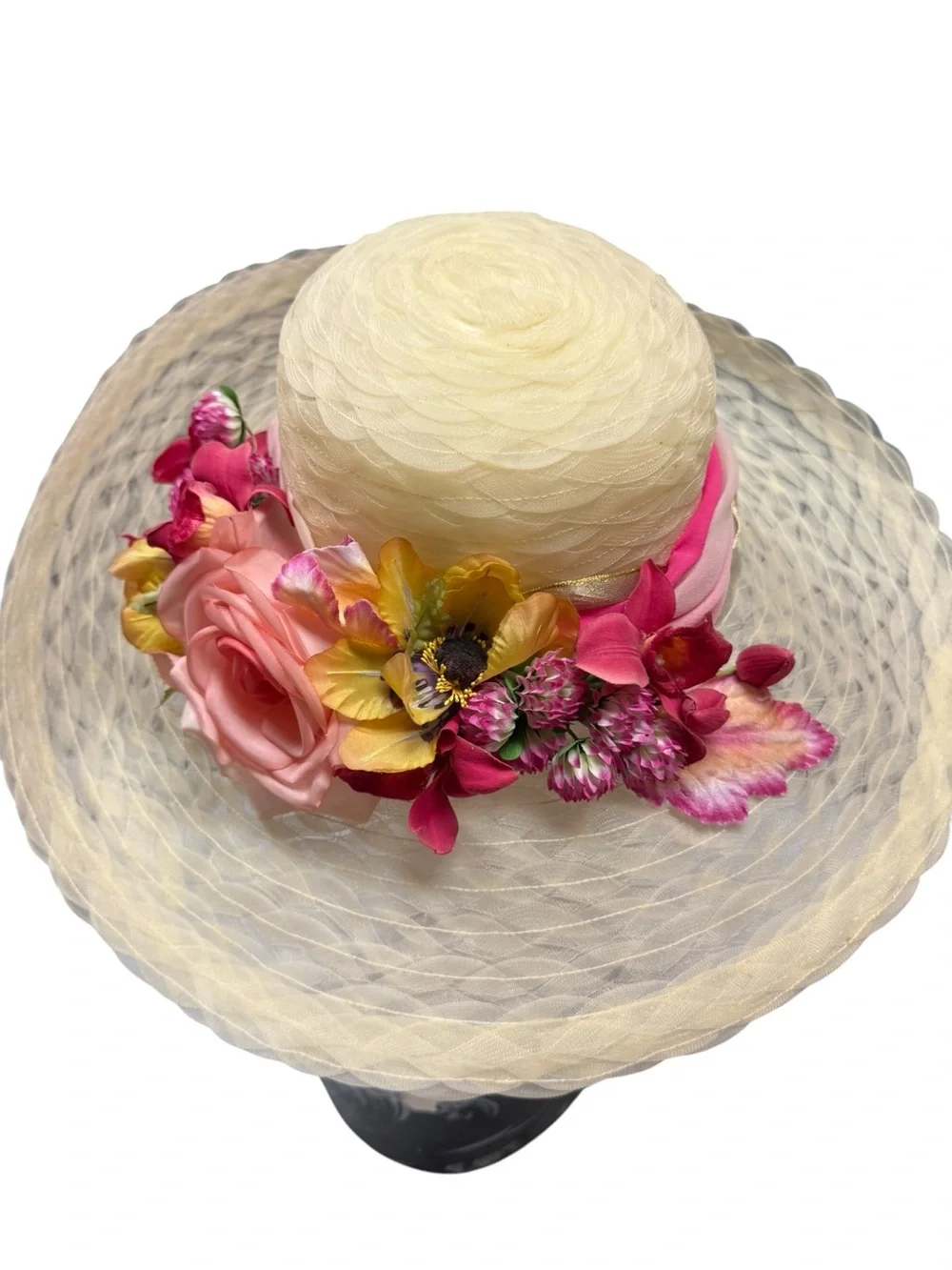 NWT Eric Javits Cream Wide-Brim Straw Hat with Pink Yellow Floral 17” - Picture 5 of 13